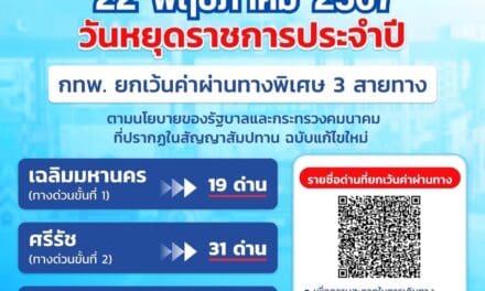22 พฤษภาคม 2567 กทพ. ยกเว้นค่าผ่านทางพิเศษ 3 สายทาง