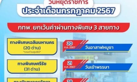 วันที่ 20 – 21 และ 28 กรกฎาคม 2567 กทพ. ยกเว้นค่าผ่านทางพิเศษ 3 สายทาง