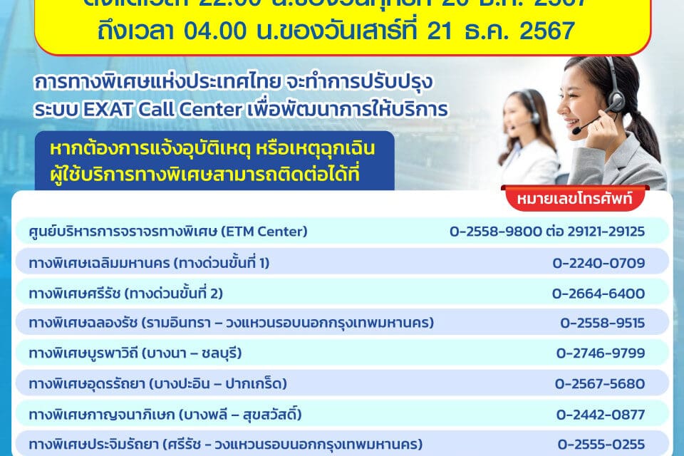 กทพ. แจ้งปิดการให้บริการของระบบโทรศัพท์ EXAT Call Center 1543 ชั่วคราว ตั้งแต่เวลา 22.00 น.ของวันศุกร์ที่ 20 ธ.ค. 2567 ถึงเวลา 04.00 น.ของวันเสาร์ที่ 21 ธ.ค. 2567 
