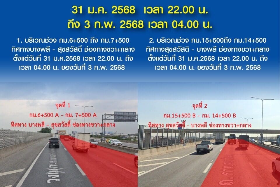กทพ. แจ้งเบี่ยงการจราจรชั่วคราวบนทางพิเศษกาญจนาภิเษก (บางพลี-สุขสวัสดิ์)  31 ม.ค. 2568 เวลา 22.00 น. ถึง 3 ก.พ. 2568 เวลา 04.00 น.