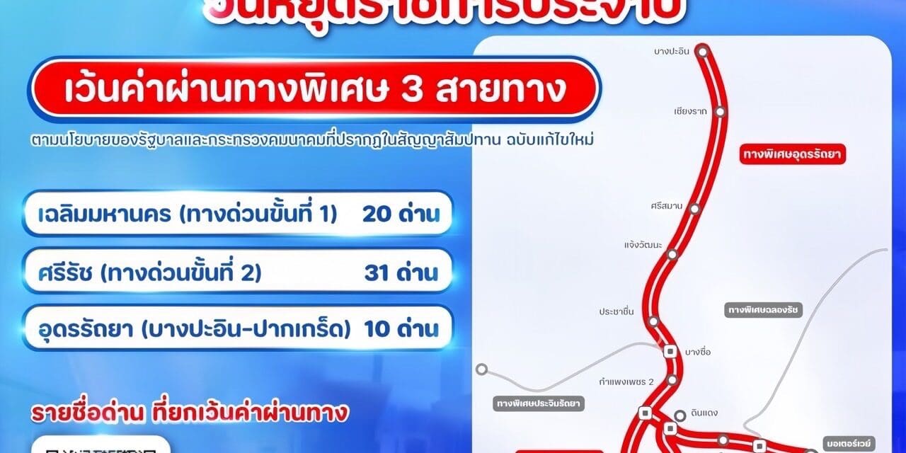 ทางพิเศษ ฟรี! 3 สาย วันที่ 10 – 11 กรกฎาคม 2568 