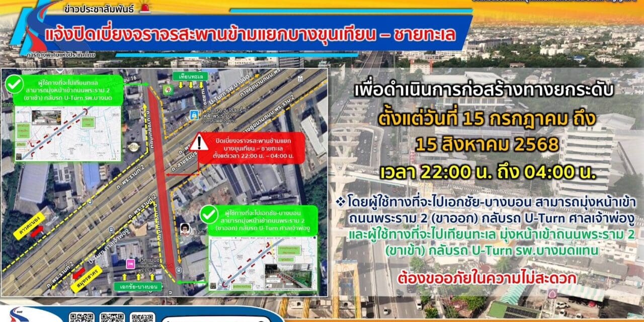 กทพ. แจ้งปิดเบี่ยงจราจรบนสะพานข้ามแยกบางขุนเทียน – ชายทะเล เพื่อก่อสร้างทางยกระดับ ตั้งแต่วันที่ 15 กรกฎาคม ถึง 15 สิงหาคม 2568 ระหว่างเวลา 22.00 น. – 04.00 น. ของทุกวัน