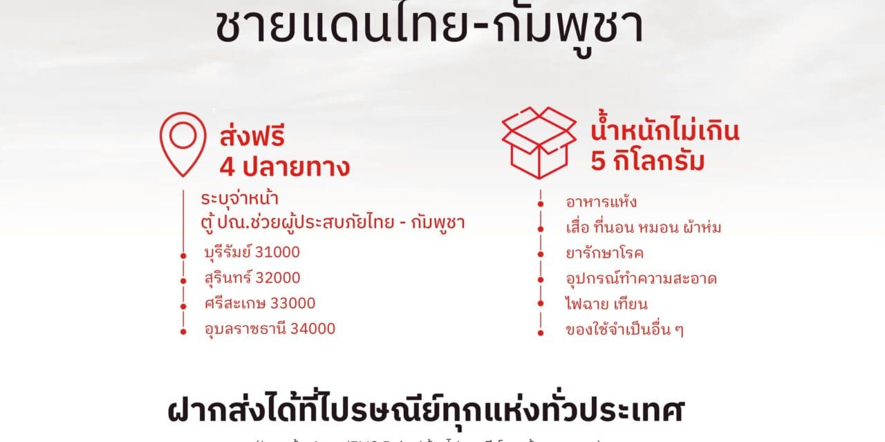 ไปรษณีย์ไทยเปิด “ตู้ ปณ. ช่วยผู้ประสบภัยไทย – กัมพูชา” 4 จังหวัดชายแดน ส่งสิ่งของช่วยเหลือฟรี! ตั้งแต่วันนี้ถึง 25 สิงหาคม 2568 
