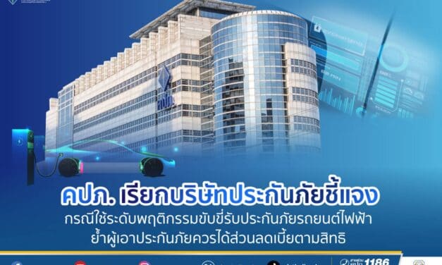 สำนักงานคณะกรรมการกำกับและส่งเสริมการประกอบธุรกิจประกันภัย (สำนักงาน คปภ.) เรียกบริษัทประกันภัยเข้าชี้แจง    กรณีการใช้ปัจจัยระดับพฤติกรรมการขับขี่ ในการรับประกันภัยรถยนต์ไฟฟ้า หลังคำสั่งนายทะเบียนใช้บังคับมากกว่า 1 ปี พบส่วนใหญ่ยังมีการต่ออายุ