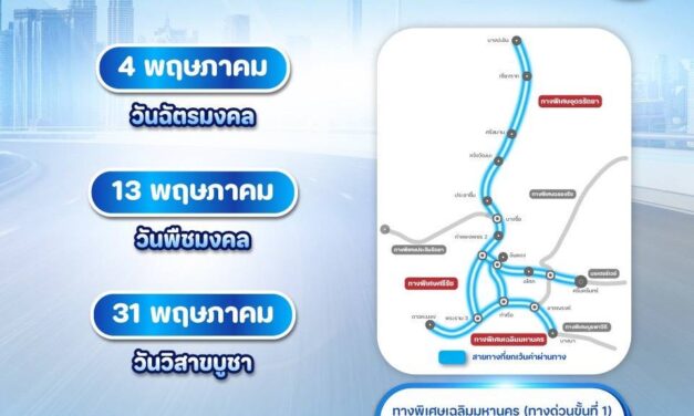 กทพ. เตรียมยกเว้นค่าผ่านทางพิเศษ เดือนพฤษภาคม จำนวน 3 วัน รวม 3 สายทาง 
