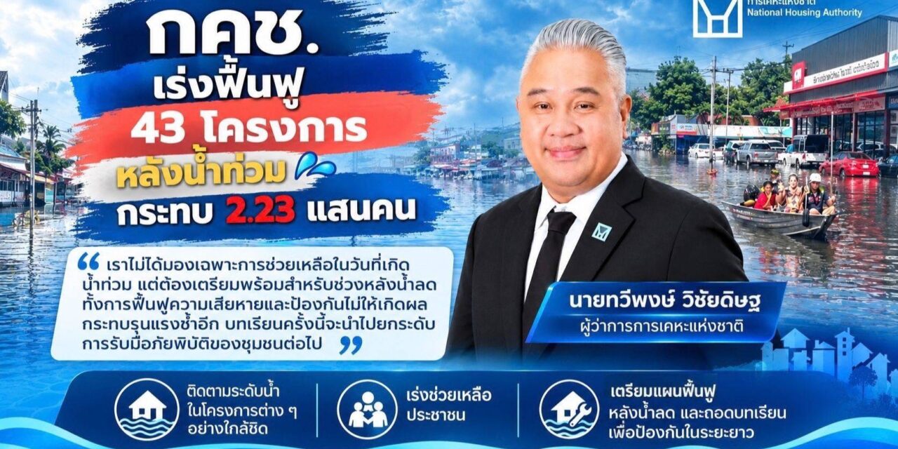 กคช. เร่งฟื้นฟู 43 โครงการ หลังน้ำท่วม กระทบ 2.23 แสนคน