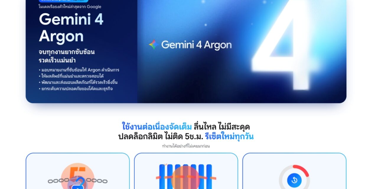 เปิดสเปกจัดเต็ม ! “Human Intelligence x Google” กางรายละเอียด Gemini Enterprise เพื่อคนไทย 5 แสนราย เพิ่มการปลดล็อกลิมิต AI จัดเต็มโควตาใช้งาน – ฟังก์ชันเหนือชั้น ไม่มีเพดานรายสัปดาห์ พร้อม Agent กว่า 50 ตัว ช่วยทำงานอัตโนมัติตลอด 24 ชั่วโมงโดยไม่มีค่าใช้จ่าย