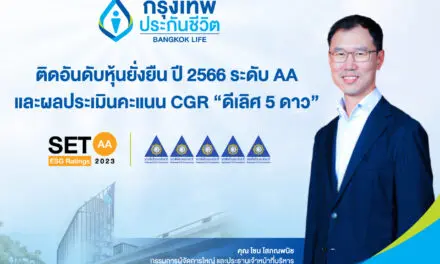 กรุงเทพประกันชีวิต ได้รับการประเมินหุ้นยั่งยืน SET ESG Ratings ประจำปี 2566 ที่ระดับ AA และผลประเมินคะแนน CGR “ดีเลิศ 5 ดาว” สะท้อนความมุ่งมั่นสู่องค์กรแห่งความยั่งยืน