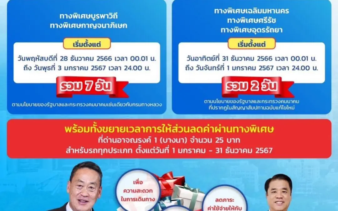 กทพ. มอบของขวัญปีใหม่ประชาชนตามนโยบายของรัฐบาล และกระทรวงคมนาคม โดยการยกเว้นค่าผ่านทางพิเศษ และขยายเวลาการให้ส่วนลดค่าผ่านทาง