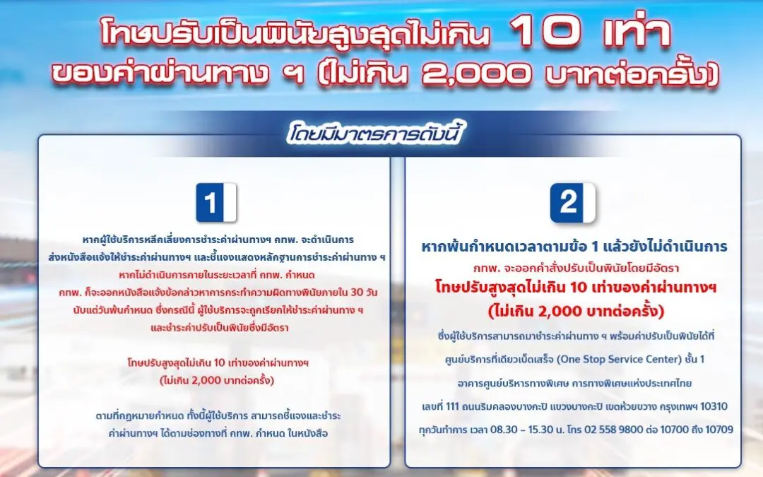 กทพ. แจ้งผู้หลีกเลี่ยงการชำระค่าผ่านทางพิเศษ ระวังต้องโทษปรับเป็นพินัย   