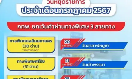 วันที่ 20 – 21 และ 28 กรกฎาคม 2567 กทพ. ยกเว้นค่าผ่านทางพิเศษ 3 สายทาง