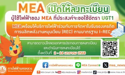 MEA เปิดให้ลงทะเบียน ผู้ใช้ไฟฟ้าของ MEA ที่ประสงค์จะขอใช้อัตรา UGT1 พร้อมให้บริการไฟฟ้าร่วมกับการจัดหาใบรับรองเครดิตการผลิตพลังงานหมุนเวียน (REC) ตามมาตรฐาน I-REC  