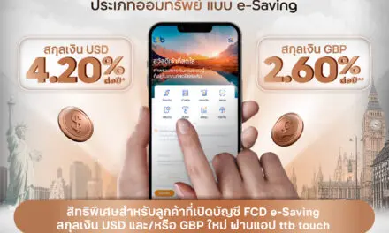ทีทีบี มอบอัตราดอกเบี้ยสูงพิเศษสำหรับลูกค้าที่เปิดบัญชี FCD e-Saving ใหม่ผ่านแอป ttb touch  บัญชีเงินฝากสกุลเงิน USD รับ 4.20% ต่อปี และสกุลเงิน GBP รับ 2.60% ต่อปี