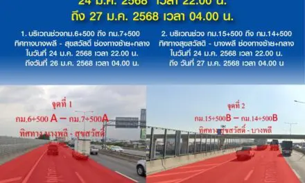 กทพ. แจ้งเบี่ยงการจราจรชั่วคราวบนทางพิเศษกาญจนาภิเษก (บางพลี-สุขสวัสดิ์)  24 ม.ค. 2568 เวลา 22.00 น. ถึง 27 ม.ค. 2568 เวลา 04.00 น.