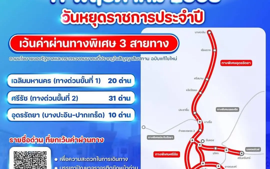 วันที่ 11 พฤษภาคม 2568 กทพ. ยกเว้นค่าผ่านทางพิเศษ 3 สายทาง
