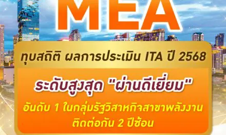 MEA ทุบสถิติ ผลการประเมิน ITA ปี 2568 ระดับสูงสุด “ผ่านดีเยี่ยม” อันดับ 1 ในกลุ่มรัฐวิสาหกิจสาขาพลังงาน ติดต่อกัน 2 ปีซ้อน