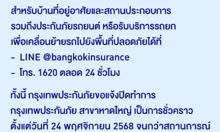 กรุงเทพประกันภัยแจ้งปิดทำการสาขาหาดใหญ่ชั่วคราวจนกว่าสถานการณ์จะคลี่คลาย พร้อมเป็นกำลังใจให้แก่ผู้ประสบภัยน้ำท่วมในภาคใต้ 