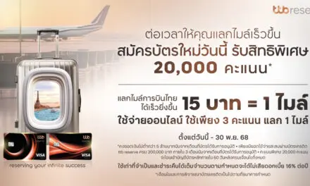 ทีทีบี ขยายโปรโมชันบัตรเครดิต ttb reserve “แลกไมล์เร็วยิ่งขึ้น” ถึง 30 พฤศจิกายนนี้  สมัครบัตรใหม่วันนี้ รับคะแนนพิเศษ 20,000 คะแนน ให้ทุกการเดินทางคุ้มค่ายิ่งกว่าเดิม