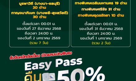 กทพ. จัดเต็มรับปีใหม่ ทางด่วนฟรียาว 7 วัน ของทางพิเศษกาญจนาภิเษกและทางพิเศษบูรพาวิถี และฟรี 2 วัน ของทางพิเศษเฉลิมมหานครทางพิเศษศรีรัชและทาง พิเศษอุดรรัถยา ต่อด้วย Easy Pass Cashback 50% ในวันที่ 6 ม.ค. 69